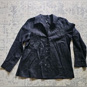 Talbots Women's Top Blouse Size 14 Irish Linen Solid Black Button Up 3/4 Sleeves